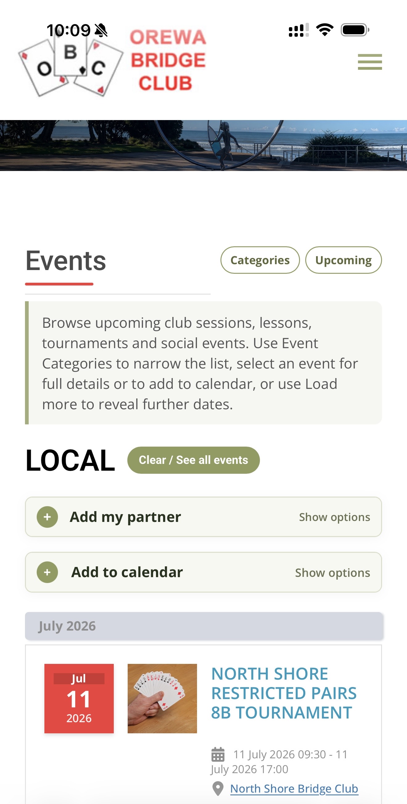 Events page on a phone