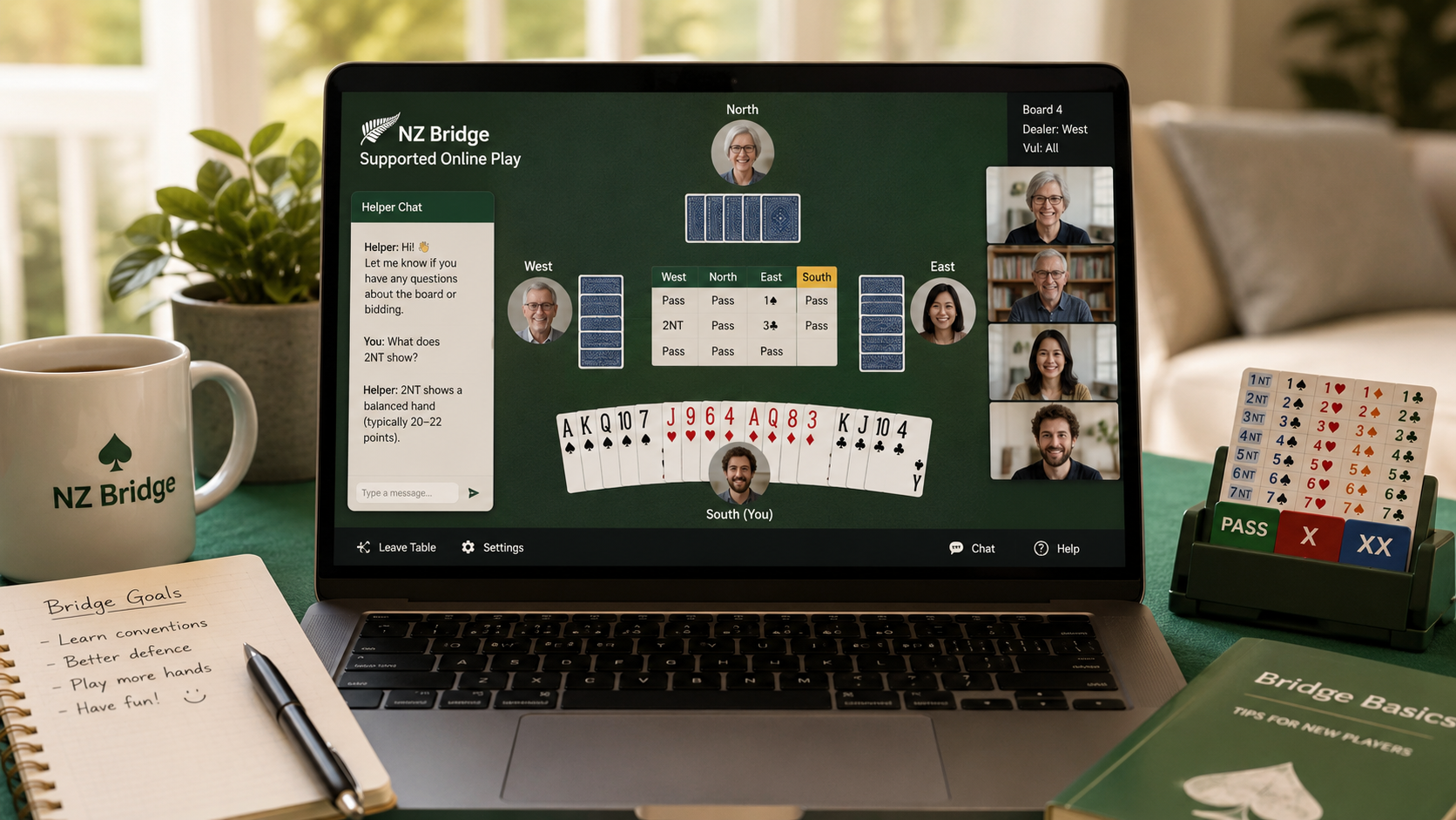 Laptop showing a NZ Bridge supported online play session with participants and helper chat