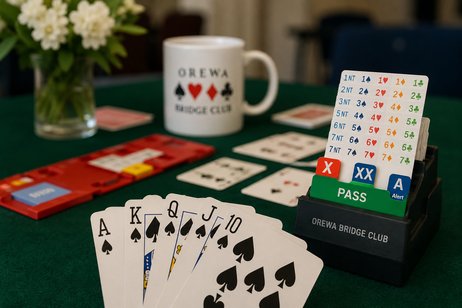 Bridge cards and bidding box ready for the August Sunday Tournament